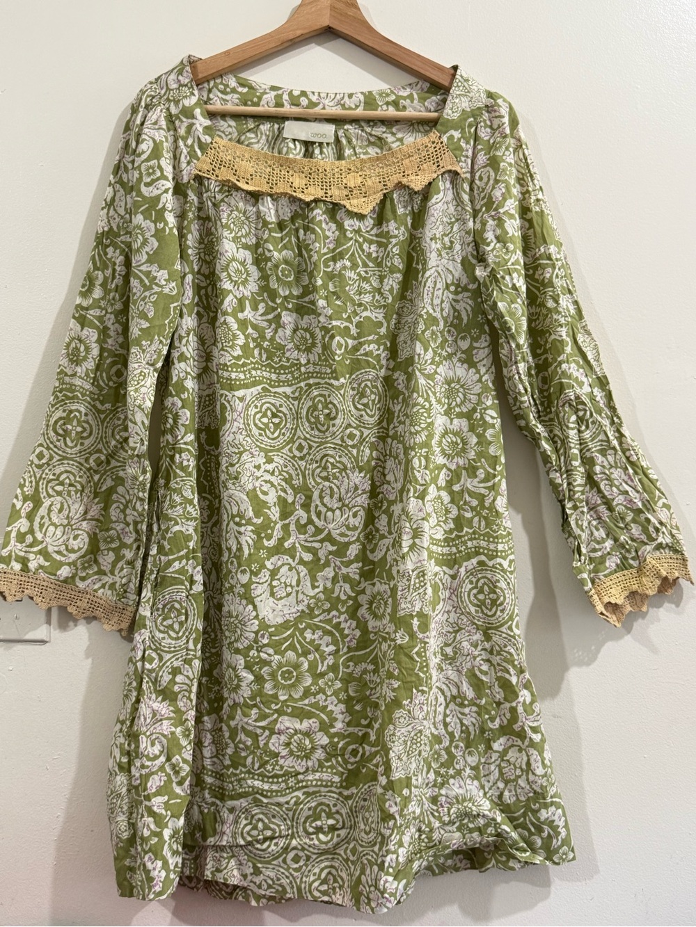WOO Olive Floral Top with Tan Crochet Yoke